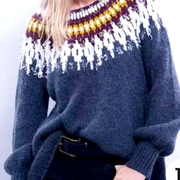 FREE PEOPLE Fairisle Knit Furry Sweater Wool Oversized Boho Streetwear 80s Y2K M - Picture 3 of 15